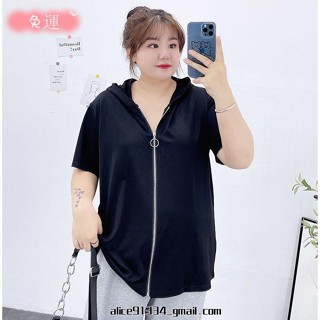 桃園發貨✨【特大尺碼M-5XL 40-150kg】加肥加大尺碼300斤短袖T恤女夏裝寬鬆胖mm200斤顯瘦遮肚拉鍊上衣潮