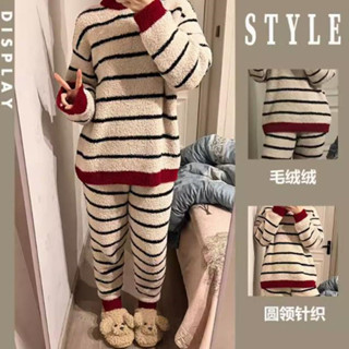 【現＋免運】臺灣出貨 珊瑚絨睡衣女秋冬季加厚保暖毛絨絨寬松大碼可外穿學生家居服套裝