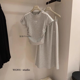 休閒運動套裝女夏季蝴蝶刺繡短袖上衣+鬆緊腰半身裙時尚兩件套潮 韓版套裝 夏天女裝 柒柒の