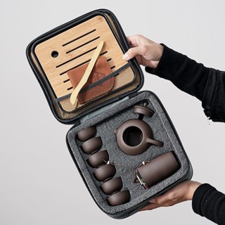茶具組 茶具 泡茶組 旅行茶具組 汝窯茶具 旅行茶具 露營茶具 隨身茶具 便攜式旅行茶具套裝整套一壺四六杯紫砂陶瓷