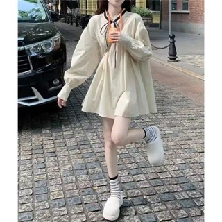遇見✨法式長袖泡泡袖連衣裙女2025春裝新款茶係襯衫娃娃裙短裙裙子春裝