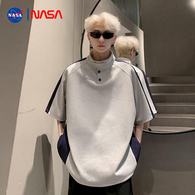 NASA撞色設計拚接灰色T恤男重磅高領短袖polo衫痞帥美式復古半袖