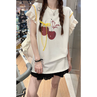 北部出貨免運 夏季女百搭爆款上衣設計感甜辣櫻桃印花寬松蕾絲拼接小飛袖T恤衫女生上衣 T恤 短袖