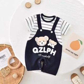 🧚‍♂臺灣出貨✨熱賣  寶寶連身 寶寶爬服 嬰兒包屁衣 純棉嬰幼兒男寶寶假兩件背帶褲超萌洋氣衣服短袖連體哈衣夏季薄款 Z