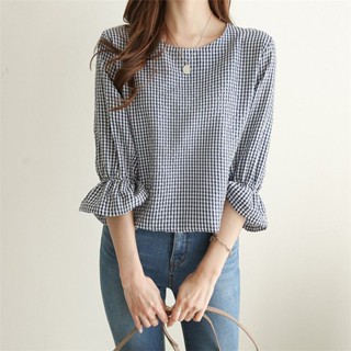 ♥♥臺灣限時低價♥♥荷葉袖格子圓領休閑上衣女韓版小清新寬松中袖襯衫T七分袖套頭