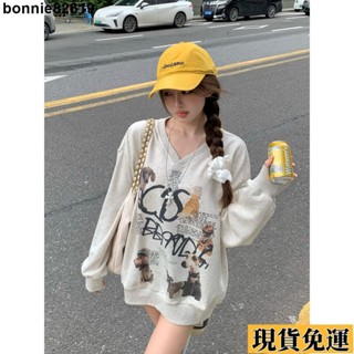 🌸限時低價🌸 【好評率超99%同款】美式復古小狗印花v領長袖衛衣女裝秋季寬鬆顯瘦灰色休閒純棉上衣