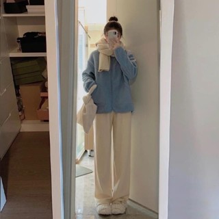 Good✨奶油闊腿褲子女冬款加絨加厚學生百搭寬鬆顯瘦高腰垂感直筒休閒褲
