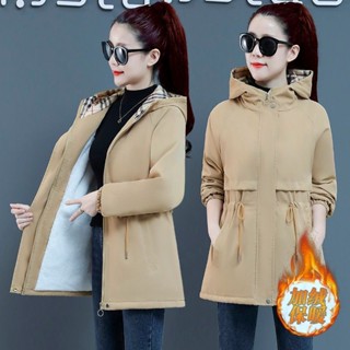 【七年老店】刷毛加厚秋冬中長款風衣2025新款女韓版緊身版棉服百搭連帽厚外套優品