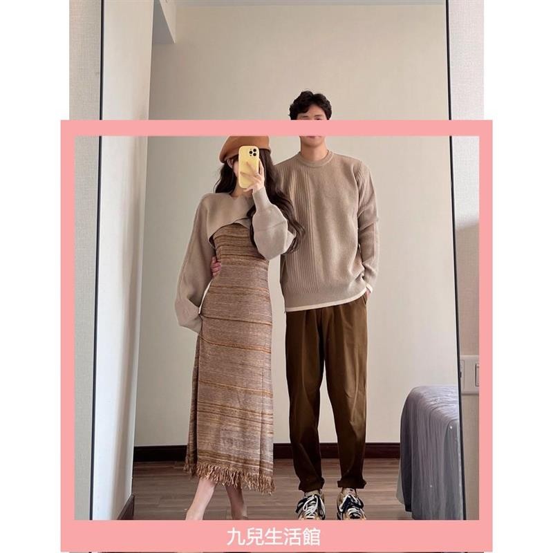 情侶套裝 情侶衣 高級感情侶裝秋冬裝2024新款ins輕奢條紋女連衣裙兩件套一裙一衣情侶穿搭 秋冬 韓國情侶裝