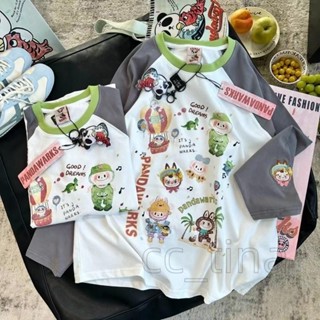 【免運24-H】【60人收藏】0%純棉秋季印花袖口刺繡卡通長袖insT恤女寬鬆拼接撞色上衣