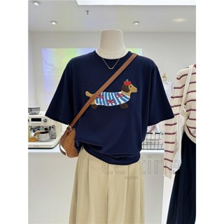 【免運24-H】純棉夏季美式復古立體刺繡臘腸小狗短袖insT恤女顯瘦寬鬆百搭上衣