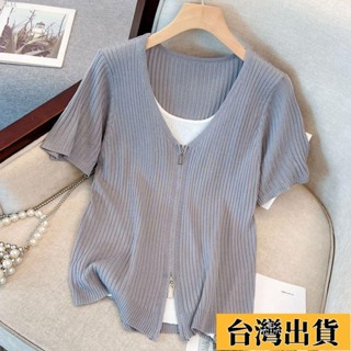 ⚡臺灣限時低價【元貞】大碼女裝夏季洋氣別致假兩件針織短袖T恤胖妹妹冰絲上衣女潮