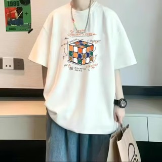 圓領 夏季 寬鬆 薄款 魔方印花 短袖男士 T恤 美式 潮牌 半袖男 百搭 五分袖 短袖男 男t（XX330）