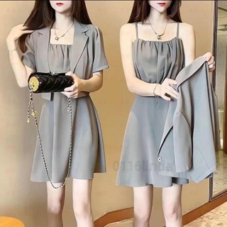 【免運】連衣裙套裝套裝女 兩件式套裝 半身裙兩件套 女裝套裝 爆款連衣裙氣質時尚套裝夏季新款顯瘦短袖小西服外套兩件套女
