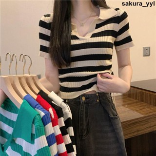 新款💯 【8848人收藏】夏季2025年韓版新款甜辣風打底衫女條紋Polo領抽繩短袖針織衫上衣