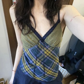 🟠ViVi SHOP🟠 複古辣妹小眾設計感V領吊帶背心女春夏拚接蕾絲格紋上衣式連衣裙