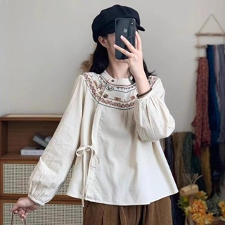 【時光牋精品女裝】休閒民族風襯衫女2024年春秋新款文藝複古刺繡寬鬆棉麻係帶上衣上衣重工刺綉女上衣短袖女傳統複古上衣短袖
