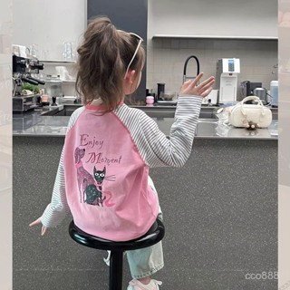 夏季新款❤純棉女童長袖T恤初夏2025新款撞色兒童童裝條紋洋氣打底上衣潮ins R5QK