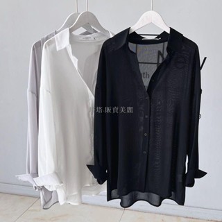 [塔塔·販賣美麗、新品CP]襯衫 Ins美式涼感透膚雪紡防曬襯衫長版上衣oversize夏日穿搭防曬衣大尺碼女裝 109