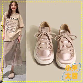 臺灣出貨🎀免運 夏季女涼鞋 戶外休閒鞋 縷空透氣鞋 小眾粉色絲綢運動鞋小白鞋2025春季新款休閒厚底百搭增高係帶闆鞋