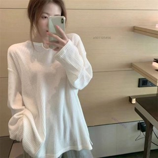【免運24-H】【2082人好評】胖妹妹華夫格寬鬆T恤女秋季新款肌理感純欲風長袖打底衫女韓國女裝設計感女裝上衣t恤女專櫃