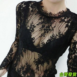 女生韓版秋款大碼女裝蕾絲打底衫網紗性感透視長袖T恤修身黑色上衣女 海邊度假 寬鬆防曬衣 性感 透視 夏天游泳搭配25