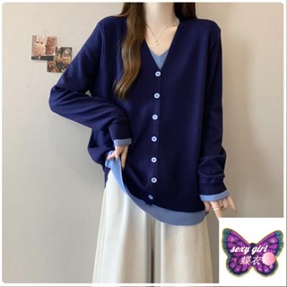 ☀全店免運☀M-4XL 韓版甜美減齡假兩件針織上衣 修身寬鬆顯瘦上衣 大尺碼女裝 秋天女裝 梨形身材 遮肉遮肚子上衣jh