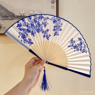 【優質款】-中國風 扇子 青花瓷古風摺扇女漢服旂袍兒童舞蹈扇隨身流蘇竹扇夏季-