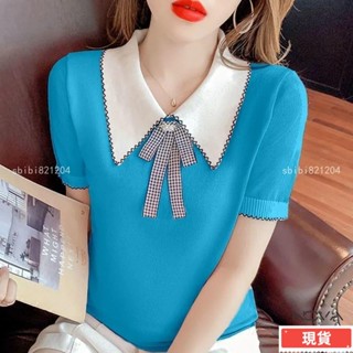 襯衫女 大尺碼女裝 上衣女 冰絲短袖T恤女夏寬松蝴蝶結娃娃領針織衫 Polo衫 翻領上衣 韓版上衣 短袖-Nova