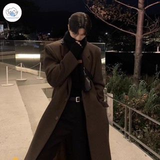 可愛家 風衣外套男 長版外套男 大衣外套男 美拉德大衣中長款 寬鬆韓版休閒墊肩毛呢大衣百搭冬季