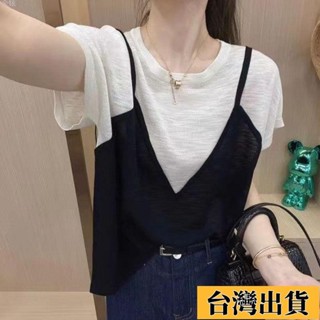 ⚡臺灣限時低價【金鉉】上衣女 大尺碼女裝 短袖T恤女 假兩件上衣女夏季洋氣設計感上衣吊帶上衣拼接t恤女士 韓版上衣 夏衣
