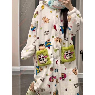 爆品🥇韓版可愛蠟筆小新睡衣女秋冬季加厚珊瑚絨毛茸茸法蘭絨家居服套裝