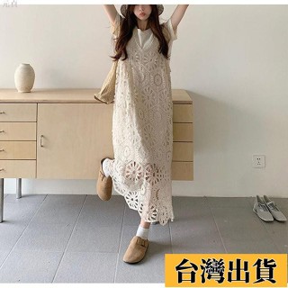 ⚡臺灣限時低價【元貞】洋裝 罩衫 大尺碼女裝 連身裙 胖MM特大碼300斤複古疊穿鈎花鏤空連衣裙套裝女A字長裙T恤兩件套