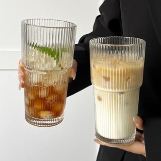 【0運🌹你值得擁有】高顔值ins杯子冷飲果汁咖啡杯帶蓋吸管大容量條紋玻璃杯水杯