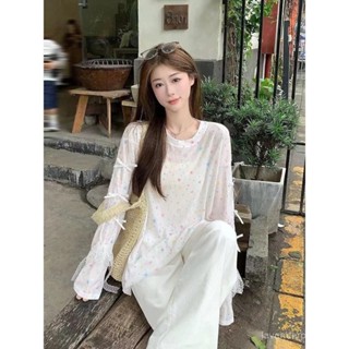 🌷時尚女裝🌷薄款多巴胺星星印花蝴蝶結長袖T恤女春夏設計感上衣寬鬆防曬罩衫韓係女裝 網紗防曬上衣 薄罩衫 韓版上衣 夏