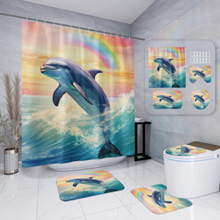 🌈精選優品💕直供高畫質數碼印花熱賣 海洋 防水滌綸浴室浴簾墊子四件套隱形折疊浴簾套裝免打孔防水布衛生間浴室隔斷簾淋浴高