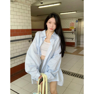 韓國風女裝 襯衫 日係襯衫 學院風女裝 韓係藍色條紋長袖襯衫外套女秋季寬鬆襯衣慵懶風薄款防曬上衣清新