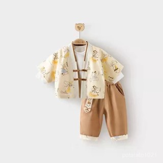 ✨波比童裝✨【80-110】男童中式套裝 童裝寶寶漢服夏季中國風套裝漢服春秋兒童夏裝衣服週嵗禮服男/國風套裝/盤口唐裝