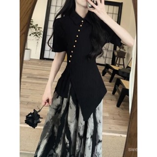💗新品熱銷💗複古民國風斜邊上衣+水墨印花半身裙高腰顯兩件套新中式連衣裙