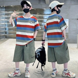 男童短袖 大童夏裝 純棉T恤 條紋上衣 夏天衣服 兒童打底衫 2025夏季新款 中大童童裝 男孩休閒百搭體恤衫H3