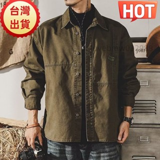臺灣出貨M-8XL 日系復古大尺碼工裝襯衫男 綠色工作襯衫 高階男裝 寬鬆休閒男生長袖襯衫 oversized 加大尺碼