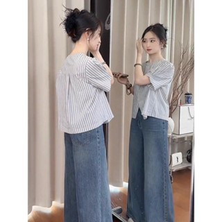 （免運）服裝-潮流館初夏穿搭一整套大碼胖mm條紋襯衫上衣牛仔褲氣質減齡時尚兩件套裝
