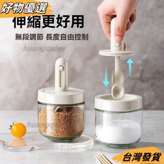 臺灣發貨❤伸縮帶勺調味料罐 家用廚房調味盒 分裝鹽 味精 調味罐 調味料收納盒 密封盒 密封調味罐 伸縮調味罐 CRGT