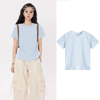 婷婷辣妹女裝店⭐ 臺灣出貨 【店鋪熱銷】ZH100%純棉240G天藍色短袖正肩T恤女夏季修身打底衫甜辣chic上衣