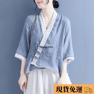🚛特價免運🚛棉麻漢服 民族風上衣 民國風上衣 蕾絲斜襟盤扣系帶七分袖襯衫女 棉麻復古茶服 夏季女裝 大尺碼女裝 短袖