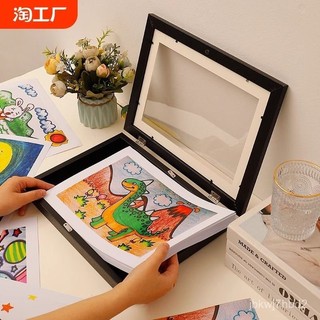 🔥臺灣出貨🔥【大容量收納】兒童畵裝裱畵框磁吸翻蓋收納150張A4畵紙奬狀展示免打孔木質相框