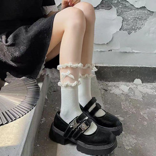 【臺灣出貨】【推薦爆款】【搭配洋裝】黑色花邊襪子女生蝴蝶結中筒襪薄款配小皮鞋jk襪洛麗塔