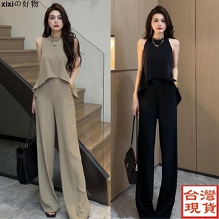 【超讚CP0524】女夏季時尚長褲套裝2024新款無袖削肩上衣+顯瘦長褲 二件式套裝