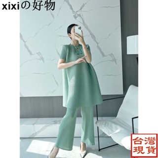 【超讚CP0524】新中式風復古盤扣褶皺套裝女2025夏季新款素色短袖上衣+休閒直筒長褲兩件套