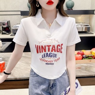 喜約時裝女裝店⭐臺灣出貨短袖女2025年夏季新款寬鬆短款polo領印花T恤小眾獨特別緻上衣潮